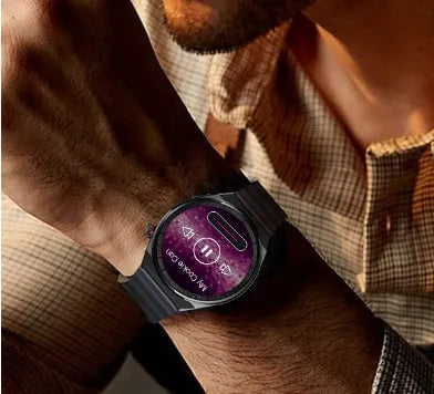 Black stainless steel smartwatch with black silicone strap showing a 1.39-inch circular touchscreen display.