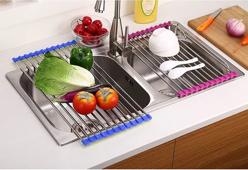 Foldable stainless steel kitchen drain rack with coloured plastic tubes for drying utensils