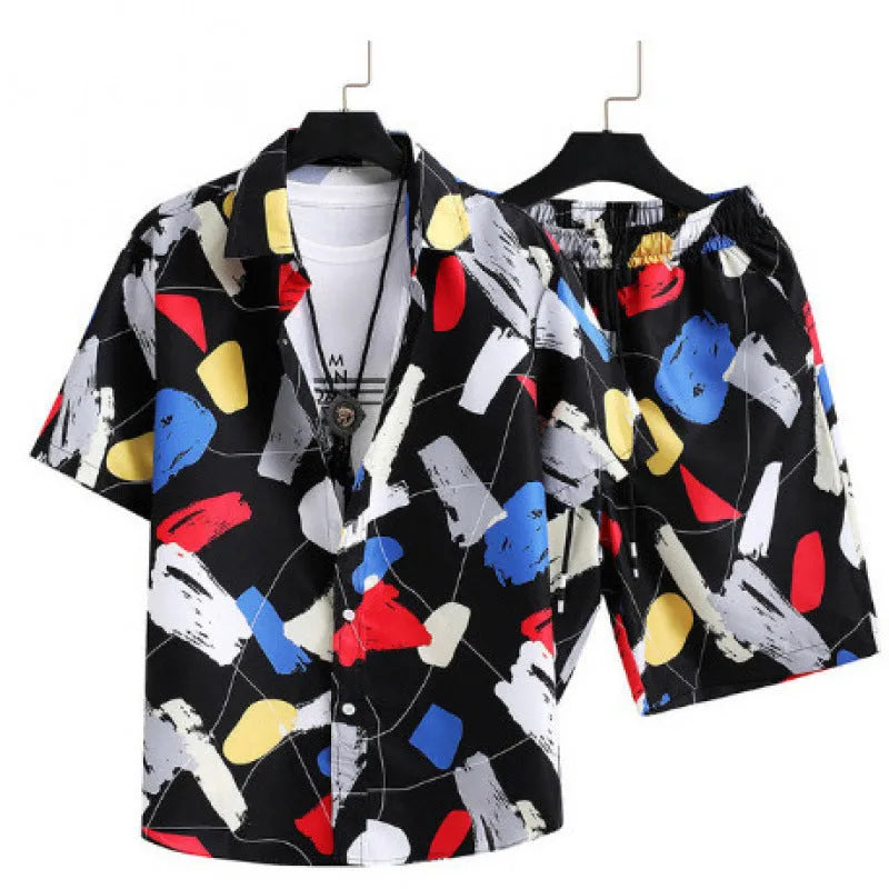 Men's casual digital print short sleeve shirt and matching shorts set in polyester.
