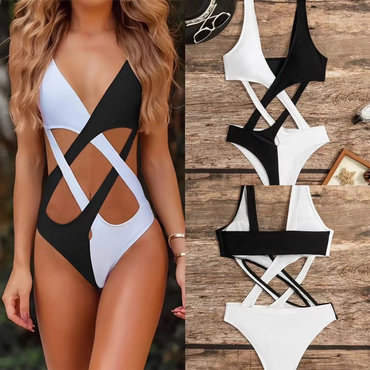 White women's one-piece swimsuit with colour-block pattern and hollow-out detailing