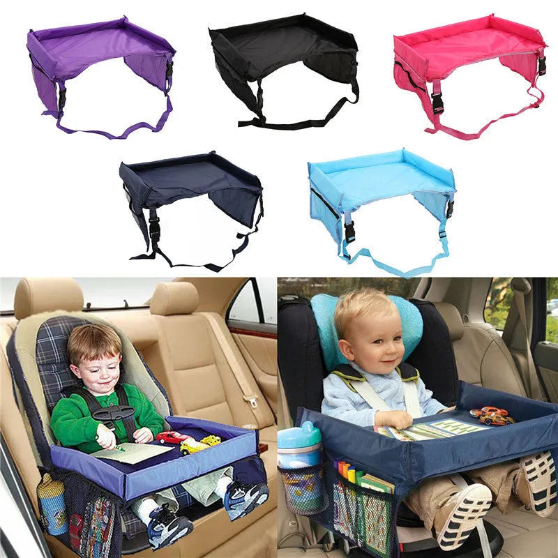 Dark blue waterproof polyester children's table tray on a car seat.
