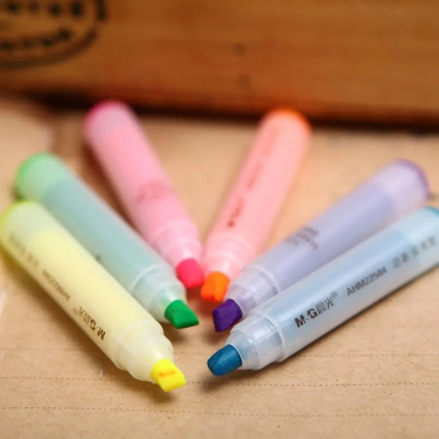 Set of six plastic highlighter pens with oblique tips in different colours for text marking