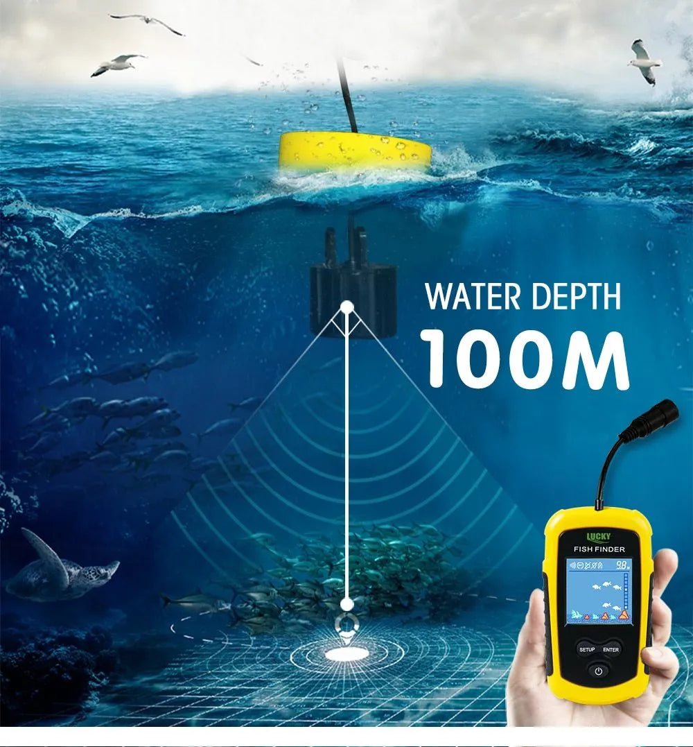 Yellow fish finder with wired sensor and display showing depth reading