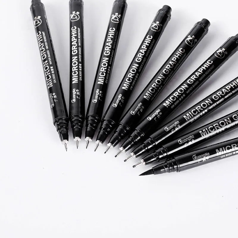 Set of 12 black comic hand-painted pens with various nib sizes in a storage bag organiser