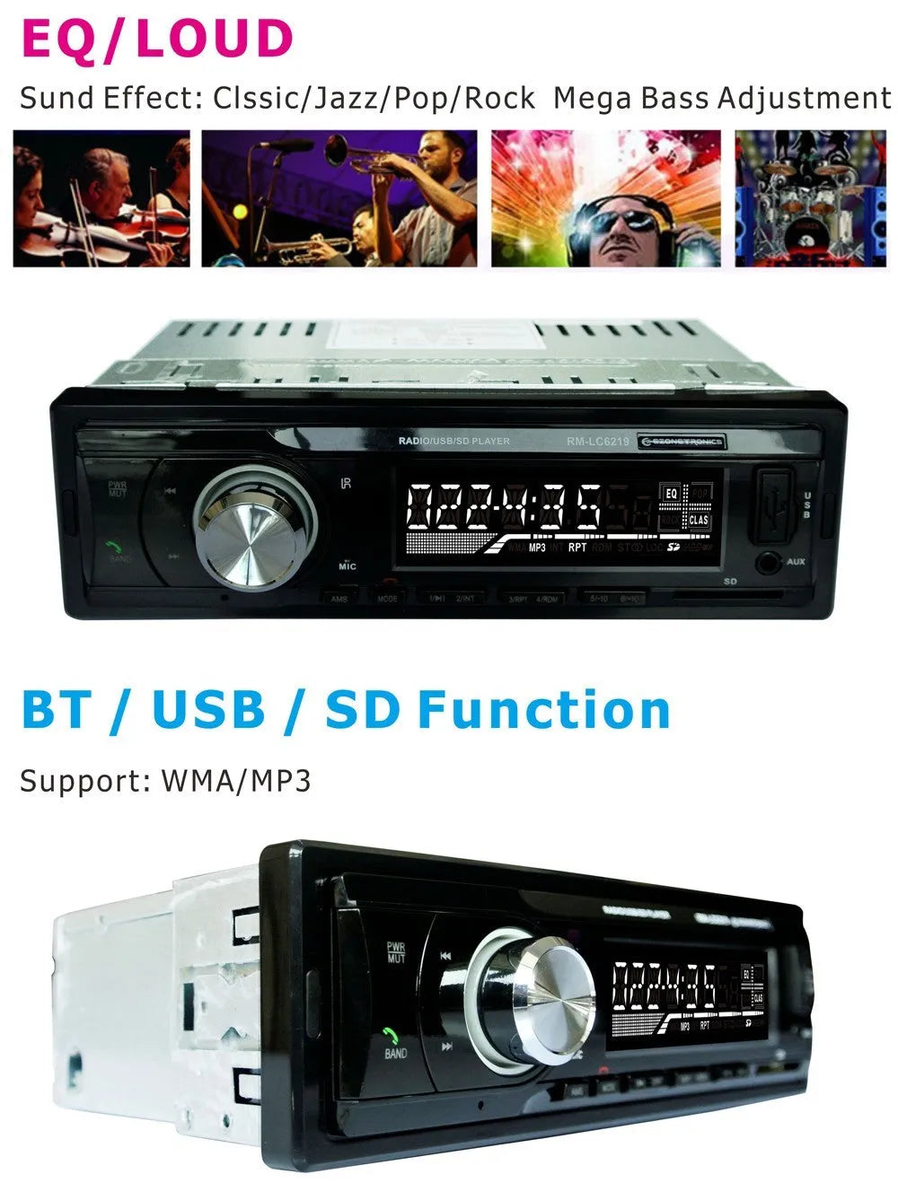 Car Bluetooth stereo receiver with front auxiliary input, USB and SD card slots on display