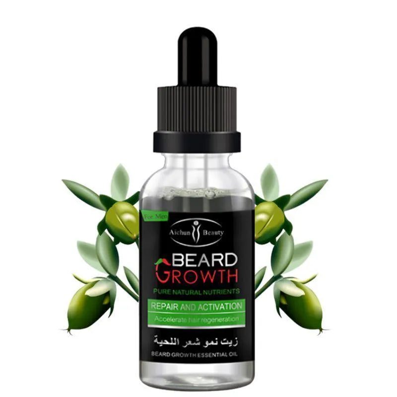 Bottle of beard essential oil with natural ingredients for growth and dandruff control