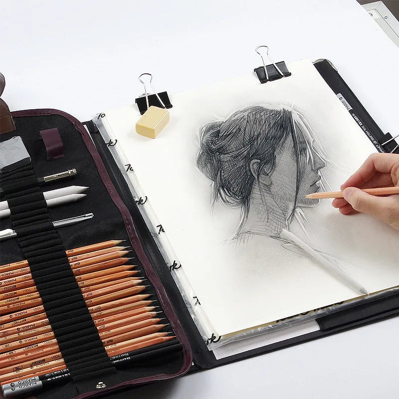 Complete drawing and illustration set with case containing pencils, charcoal, and eraser tools