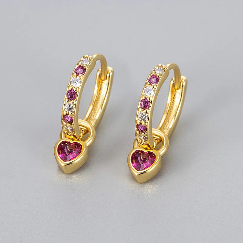 Women's zircon heart earrings with coloured gemstone eardrops in gold or white gold finish