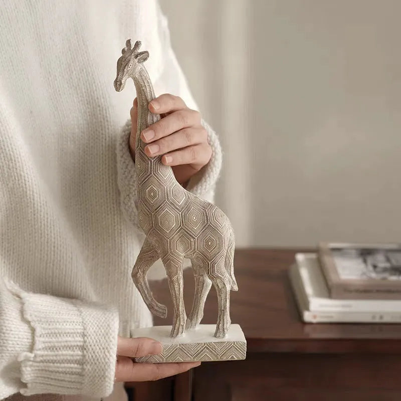 Wood colour giraffe resin sculpture 30.5cm tall on shelf display