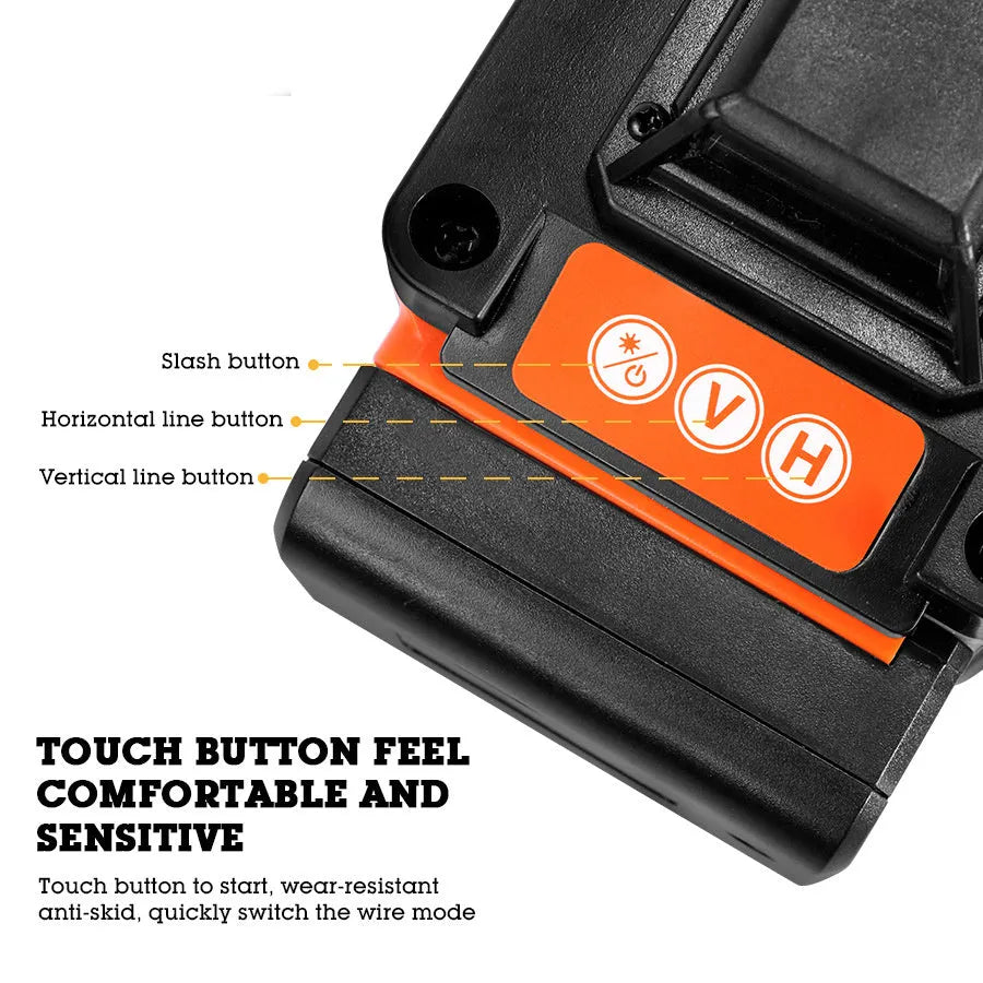 Rotating laser level with orange display showing 16 levelling lines and charging port