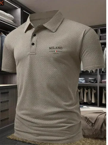 Men's loose fit short-sleeved polo shirt with a lapel collar in a solid colour.