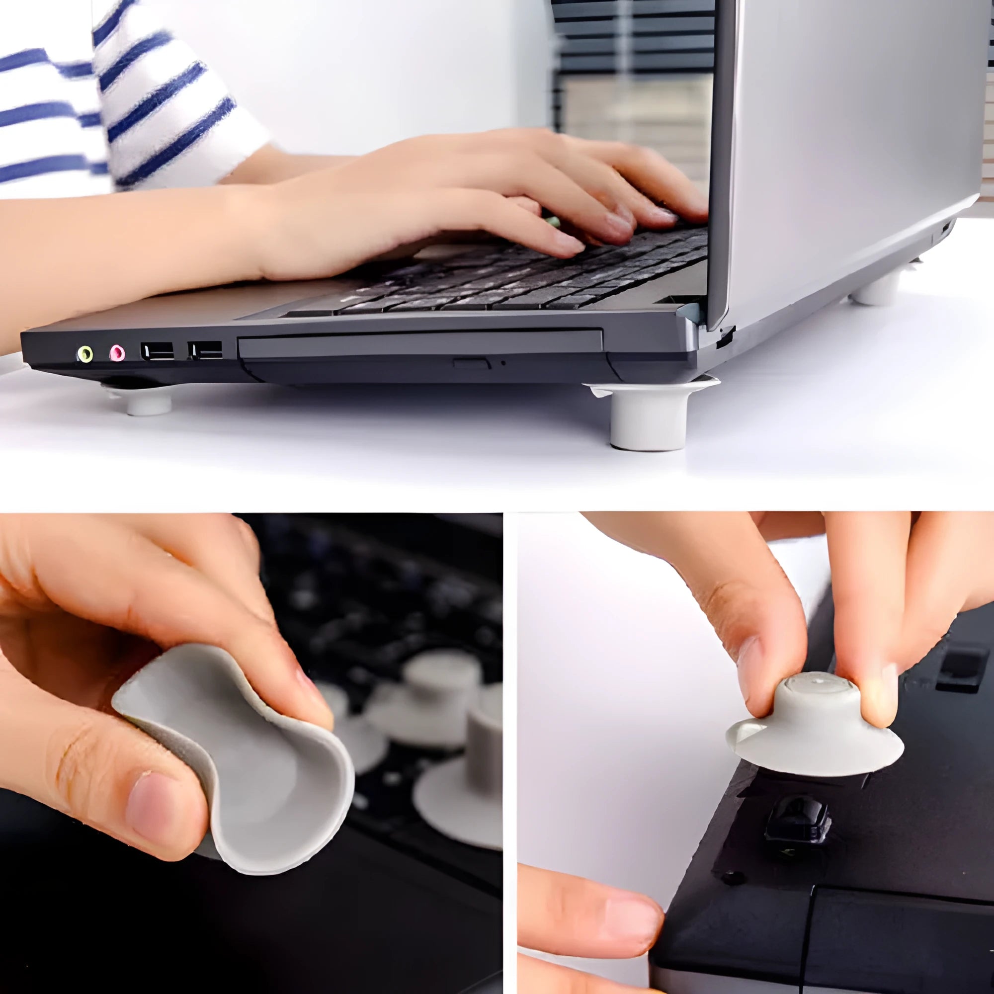 Grey durable plastic laptop cooling pads, two large and two small, on a table.
