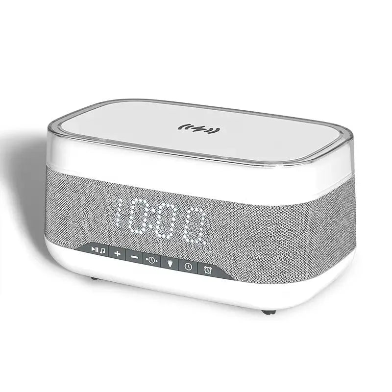 White multifunctional alarm clock with Bluetooth speaker, wireless charging pad, and night light display