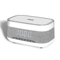 White multifunctional alarm clock with Bluetooth speaker, wireless charging pad, and night light display