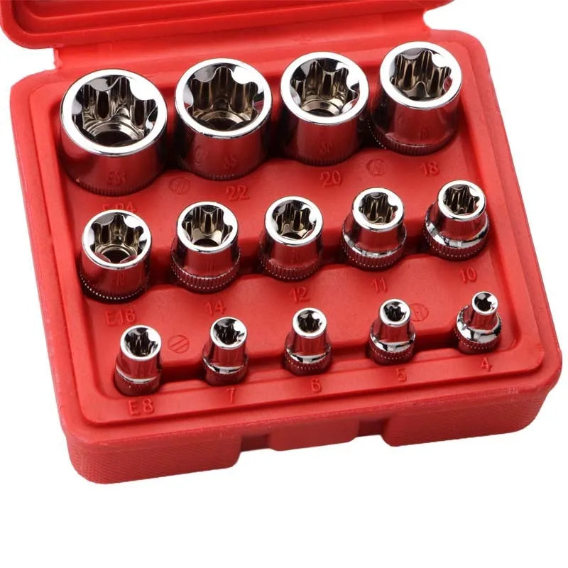 14-piece E-type socket combination tool set in red storage case with chrome vanadium steel construction