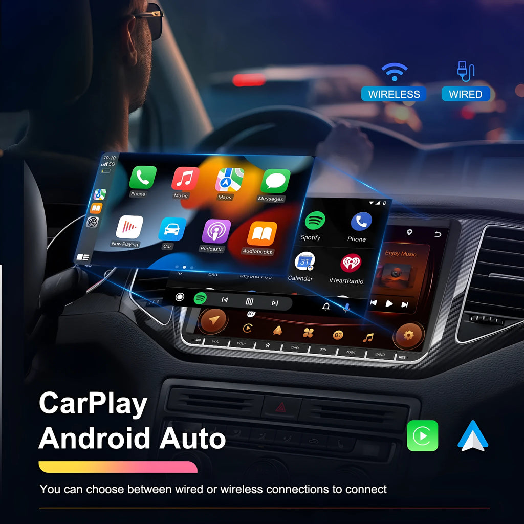 Volkswagen car dashboard showing 7-inch Android central control unit with navigation map on screen