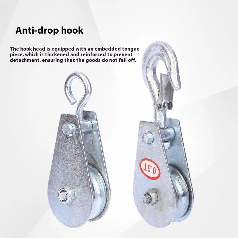 Forged steel industrial lifting pulley with safety latch in red or galvanised finish.