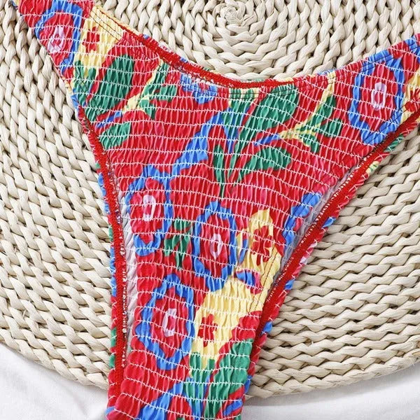 Red floral underwire bikini set with triangle top and briefs bottoms for women's swimming