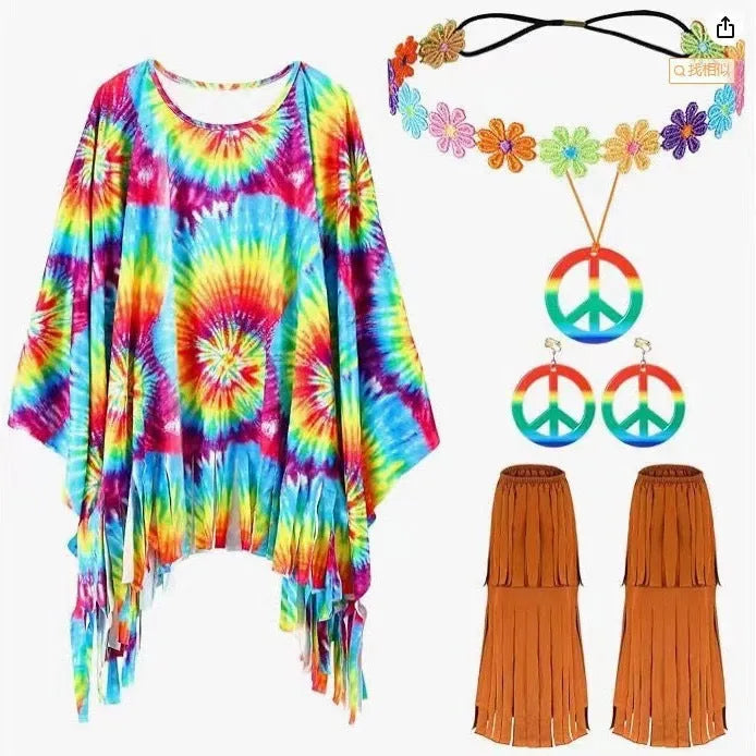 Colourful tie dye cloak costume with bell sleeves, shown in rainbow print.