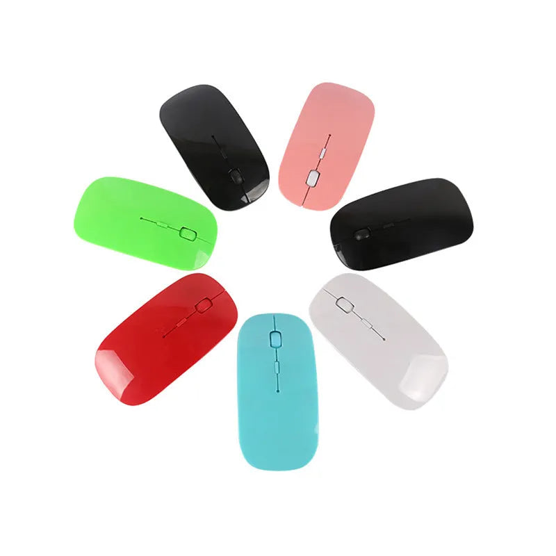 Ultra-thin wireless computer mouse shown in one of six available colours: black, blue, green, pink, red, or white.