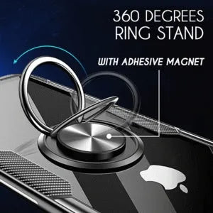 Black iPhone 11 Pro Max phone case with integrated car holder arm, showing port access and textured grip.