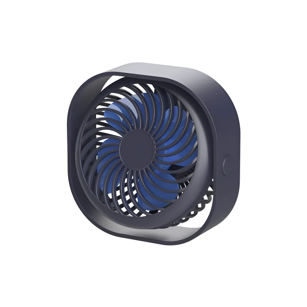 Blue USB desk fan with 360-degree rotation and rotary switch on a desk.