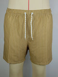 Polyester fibre striped beach shorts with triangle lining in navy blue, straight leg opening