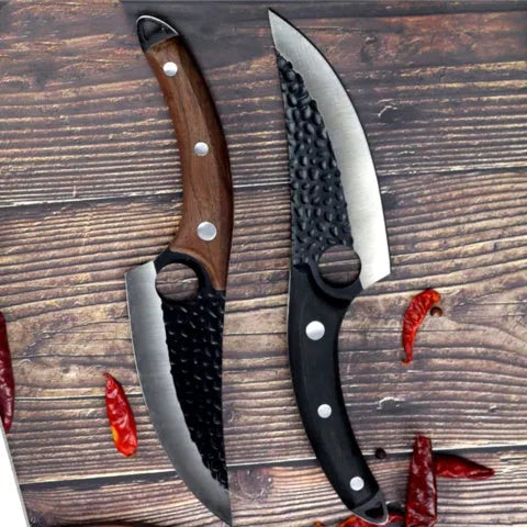 Butcher scimitar knife with curved blade and leather sheath for slaughtering and skinning animals