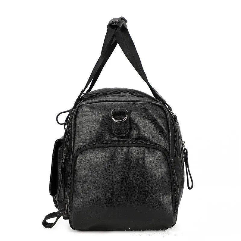 Large black PU travel bag with dimensions 52cm wide, open to show interior for shoe storage.