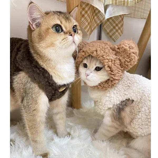 Apricot or brown polar fleece cat winter vest showing front view with simple vest design