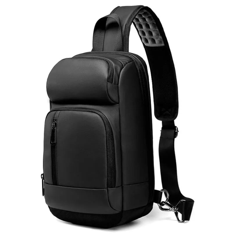 Black medium outdoor shoulder bag with square shape and air cushion strap