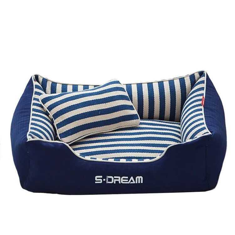 Navy stripes dog kennel mat with separate pillow in four size options