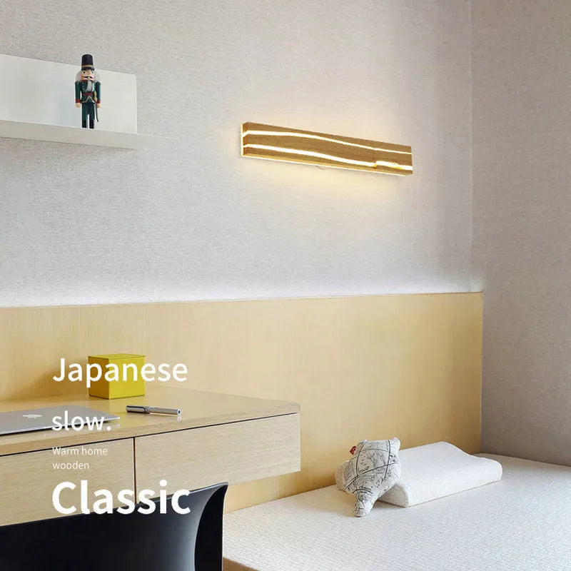 Solid wood rubberwood LED wall light in log colour with acrylic diffuser