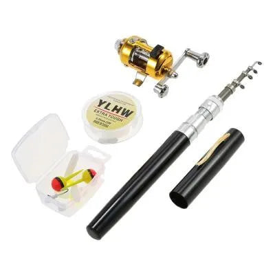 Portable telescopic pen fishing rod extended to 1 metre with gold ST5RL fishing reel