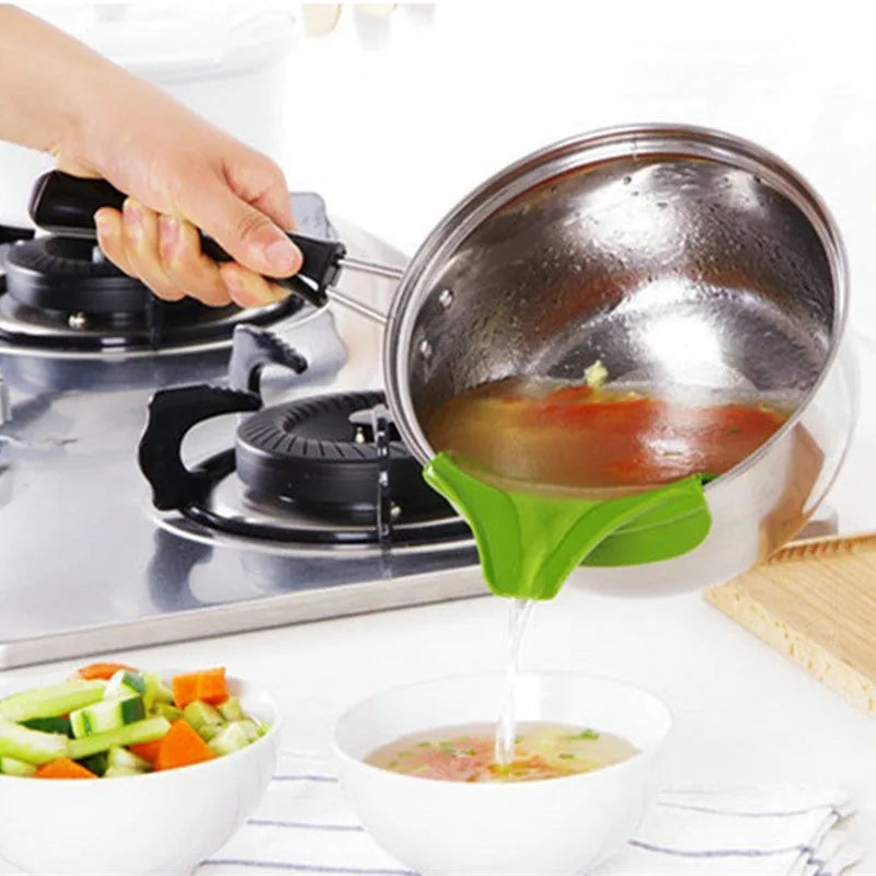 Green silicone kitchen funnel with clip-on design for round pots