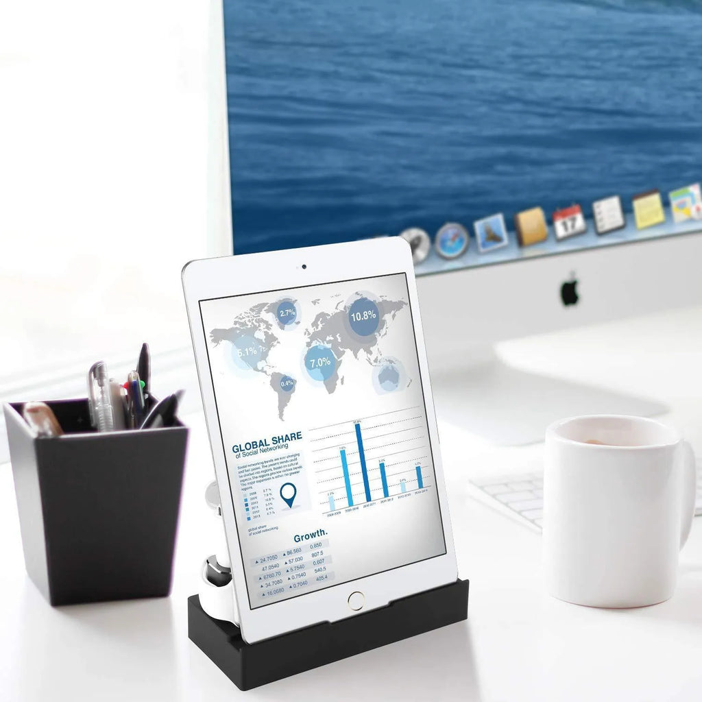 Black eight-in-one wireless charging station with five USB ports and aluminium charging pad
