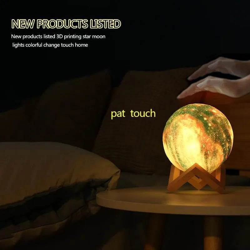 White 3D printed moon-shaped night light on a dark surface, demonstrating its textured surface and soft LED glow.