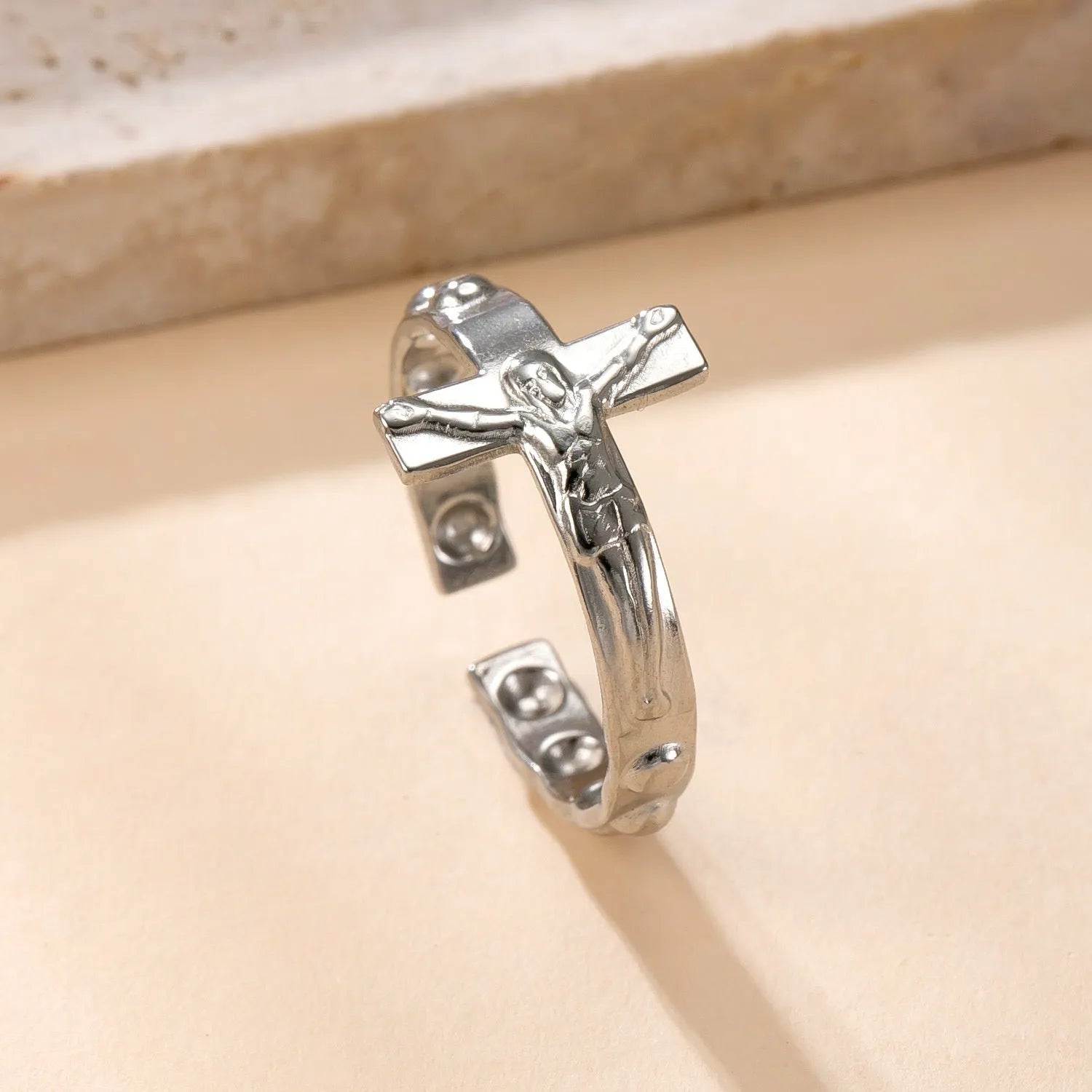 Stainless steel open ring with hollow star and moon design, electroplating finish, unisex average size.