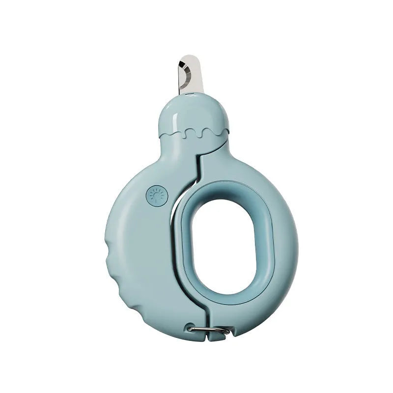 LED pet nail clippers with illuminated cutting area for cats and dogs, showing blue handle option