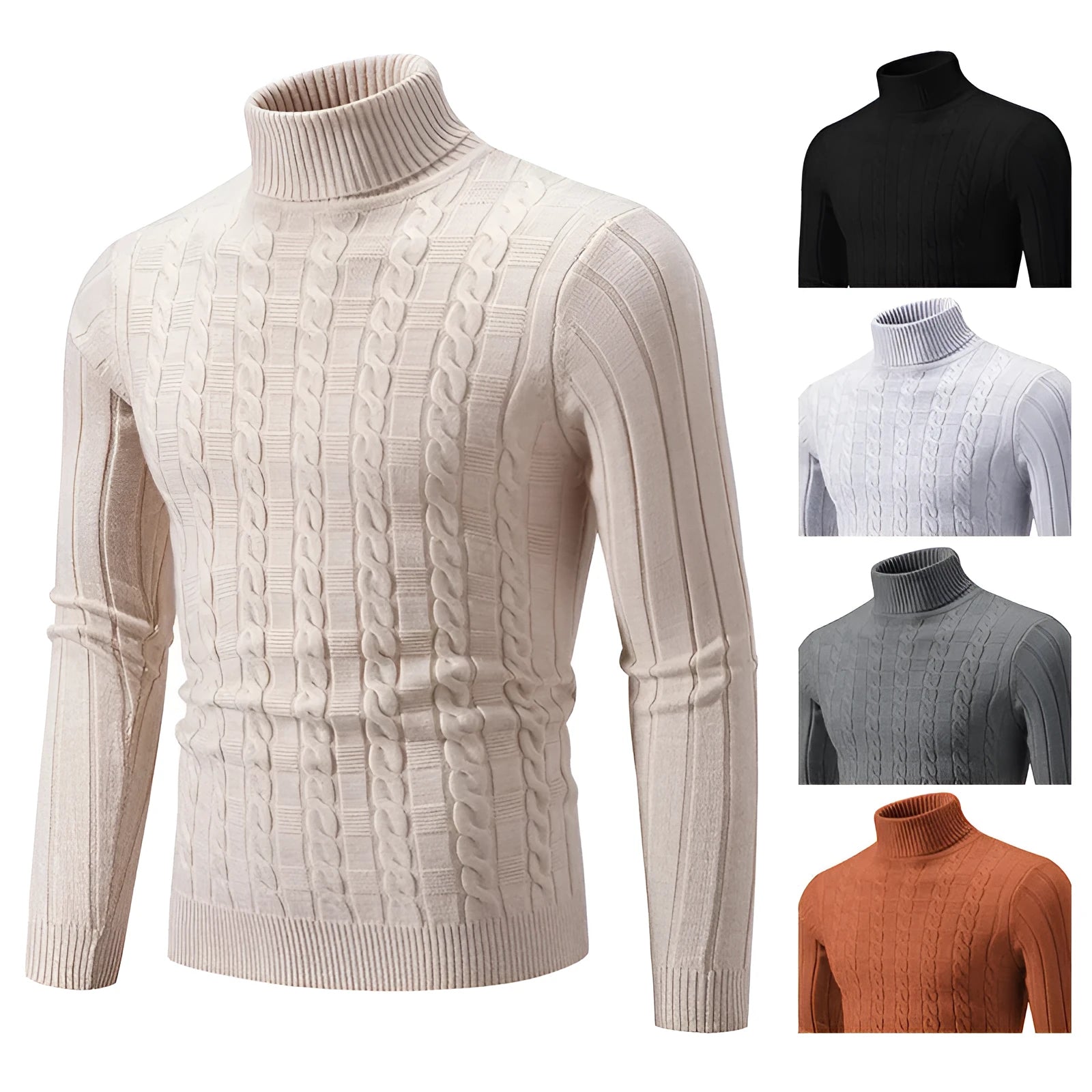 Men's slim-fit chenille turtleneck pullover in milky white, showing the twist design and spandex blend fabric.