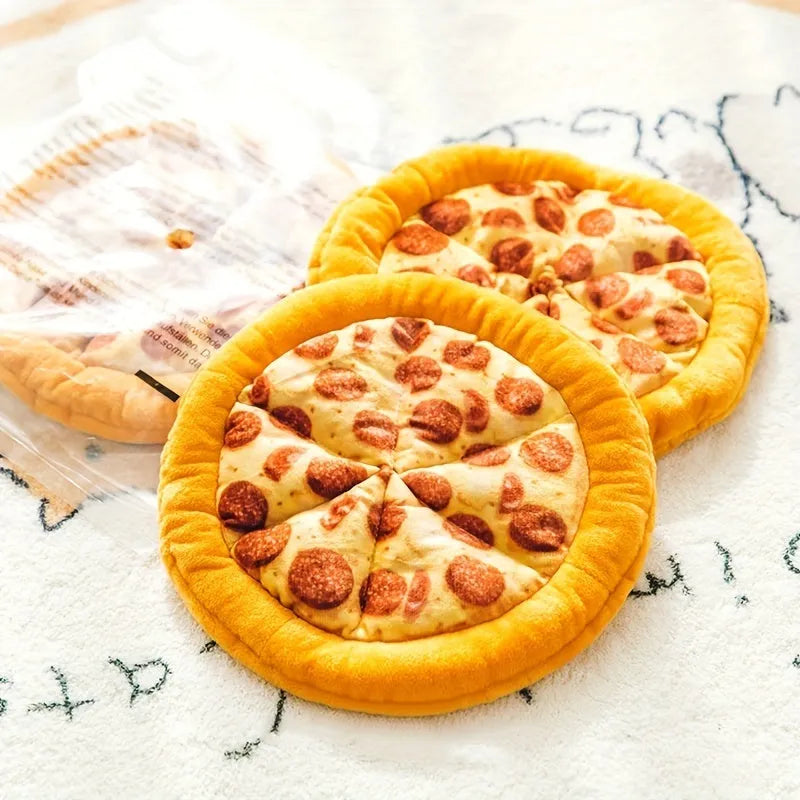 Yellow pizza slice shaped squeaky dog chew toy made from soft teddy fabric.