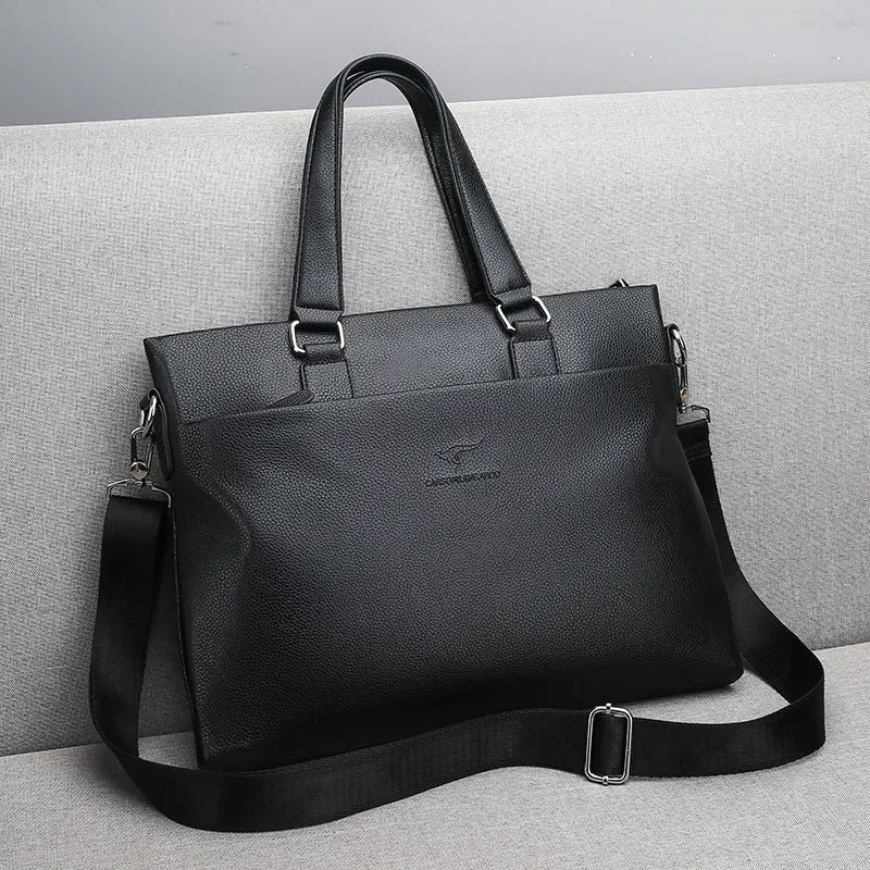 Men's business briefcase large horizontal square synthetic leather black zip closure 12-inch laptop bag