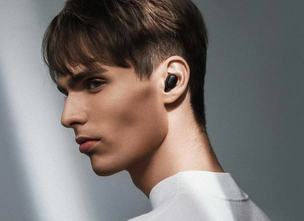 Black Redmi AirDots 2 True Wireless Bluetooth earbuds and charging case.