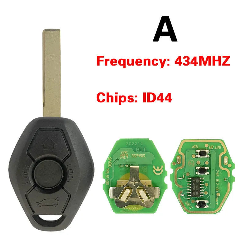 BMW EWS 3 button remote car key replacement blank with ID44 chip and HU58 blade.