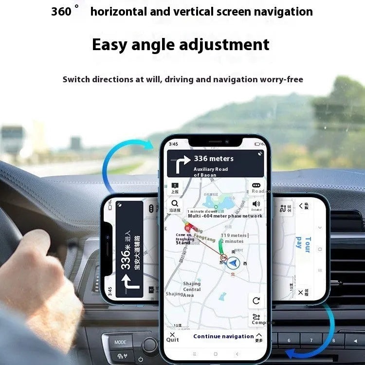 Black X-16 magnetic car wireless charger holder clipped onto car vent with phone attached