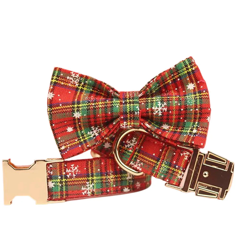 Red snowflake plaid Christmas pet collar and leash set with matching dog vest and decorative bow
