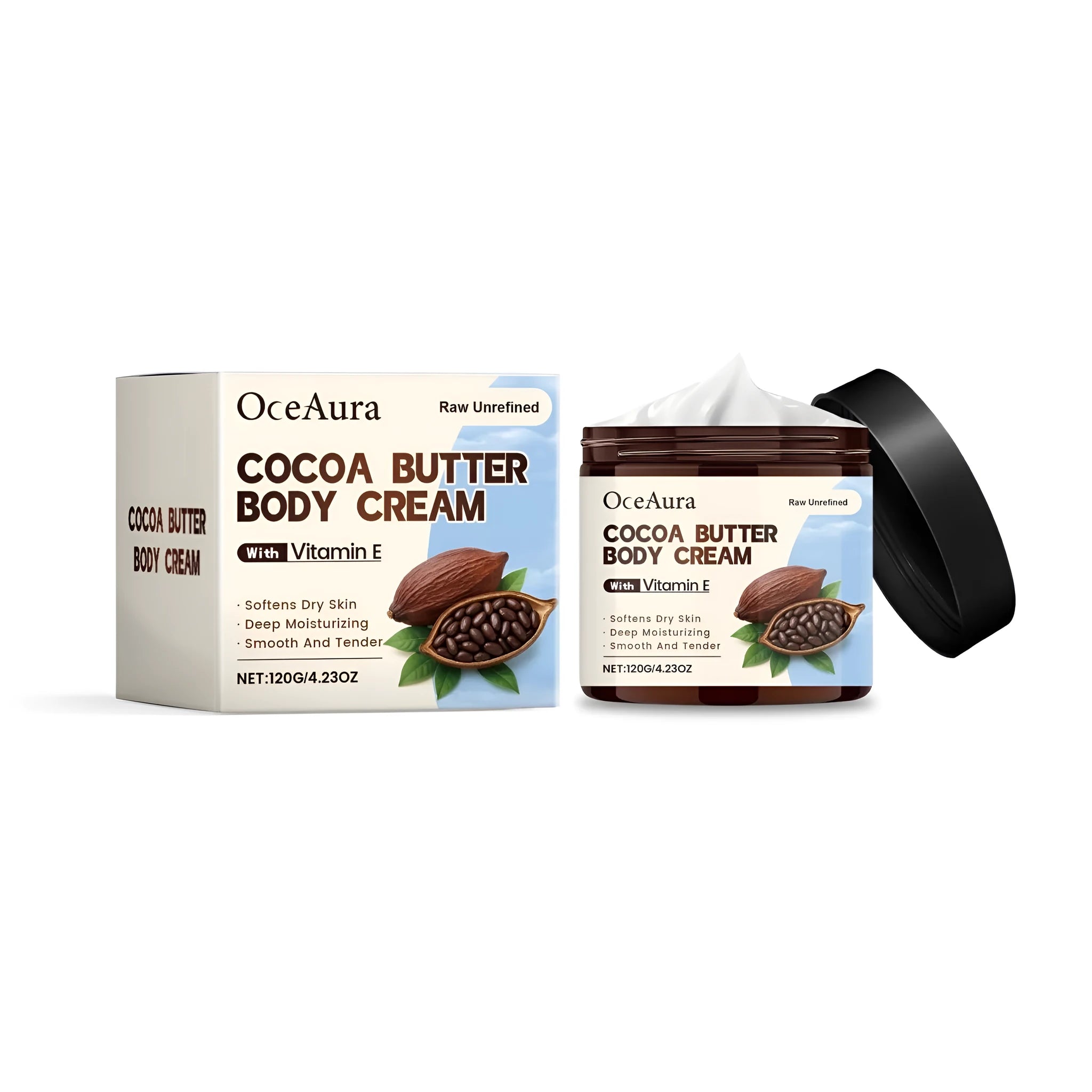 Cocoa butter body cream 120g container with natural cocoa butter and coconut oil formula