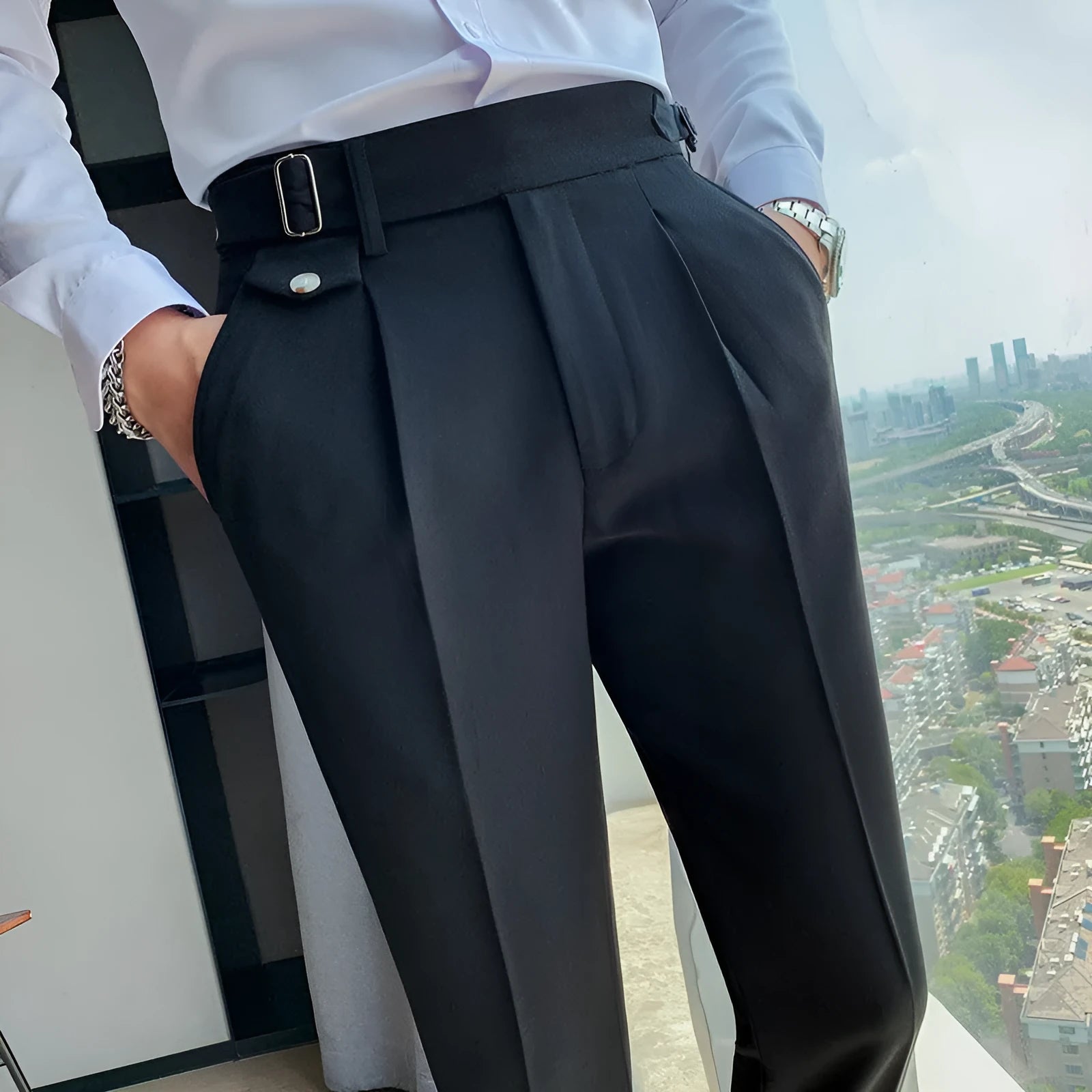 Straight leg casual trousers in solid colours available in waist sizes 29 to 36