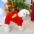 Red Little Dragon cartoon design pet jacket in double-sided velvet material showing size options from S to XXL