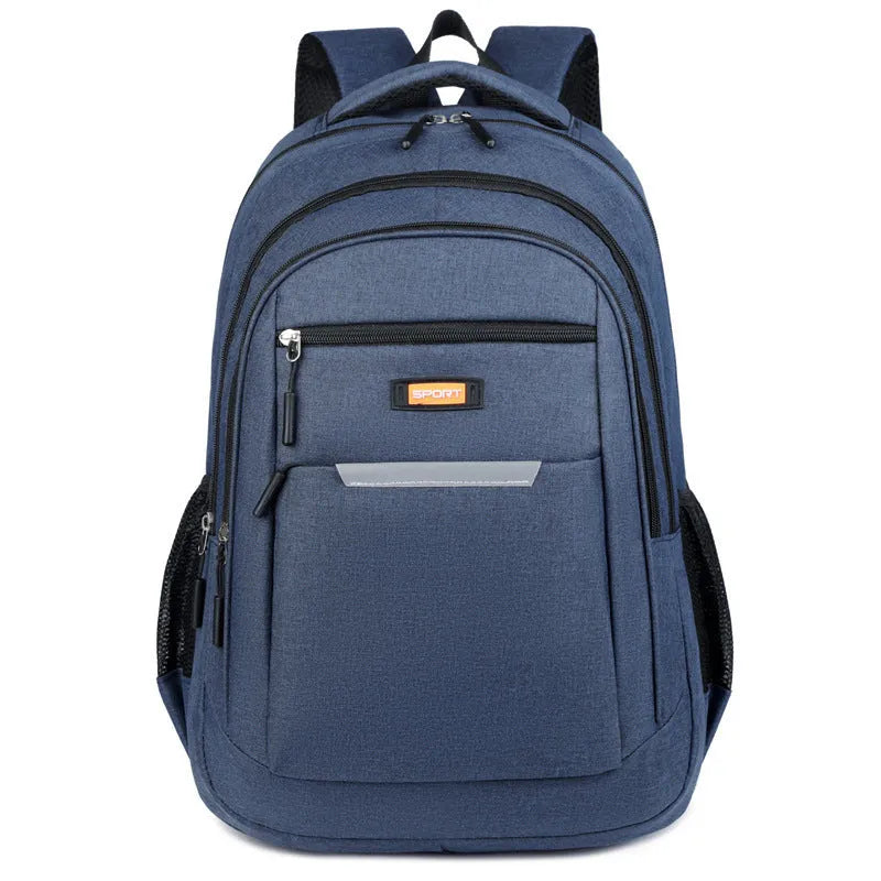 Casual men's Oxford cloth backpack in one of four colours: grey, black, green, or blue.